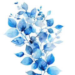 blue leafs on watercolor style on a white backround