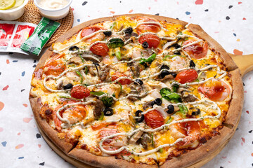 Pizza, original, pepperoni, combination, olive, ham, cheese, sweet potato, tomato, chicken, fried, fried