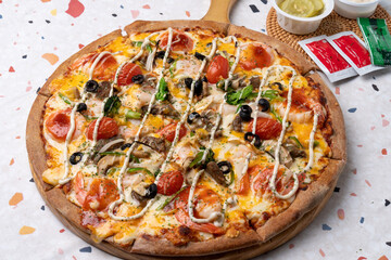Pizza, original, pepperoni, combination, olive, ham, cheese, sweet potato, tomato, chicken, fried, fried