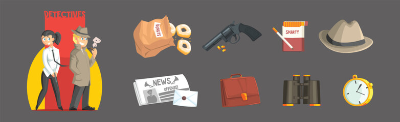 Classic Detective Items and Tools Colorful Vector Set