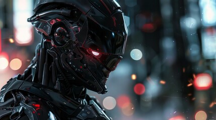 Black robot close-up, concept art, neon punk, cyberpunk, dramatic atmosphere