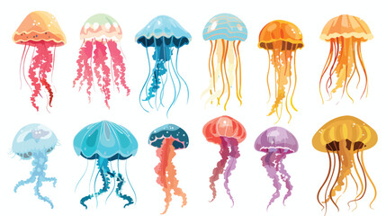 Colorful jellyfish of different types flat vector  - obrazy, fototapety, plakaty