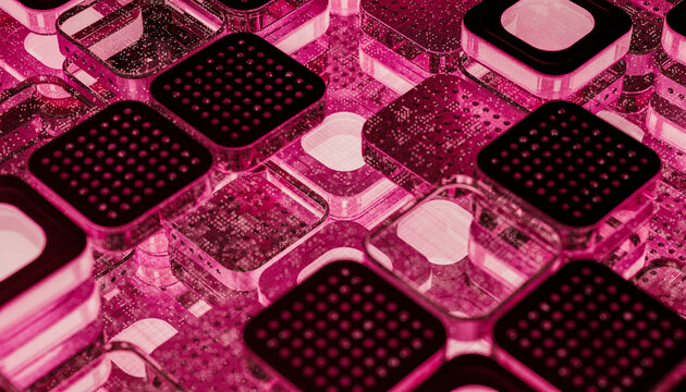 Microprocessor chip blocks with illuminated pink light