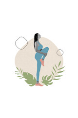 Vertical collage image of sportive black white effect girl stretching leg drawing plant leaf isolated on creative background