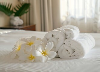 Fototapeta na wymiar The terry towels on the bed in the luxury hotel room with exotic flowers, depicting a summer vacation concept