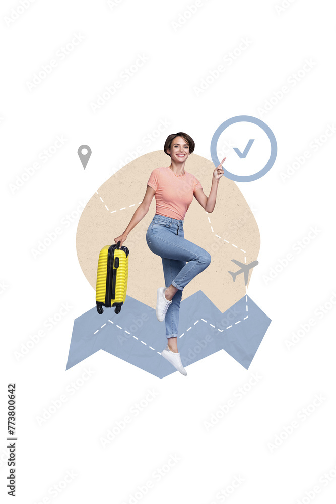 Canvas Prints Vertical collage picture of cheerful girl jump hold suitcase point finger checkmark icon plane flight route location isolated on beige background