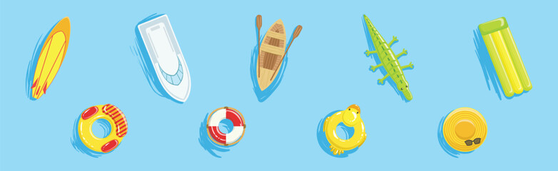 Bright Summer Swimming Object on Blue Water Background Vector Set