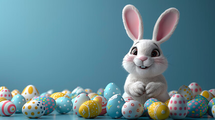 Cartoon white Easter bunny in a pile of Easter colored eggs on a soft blue background