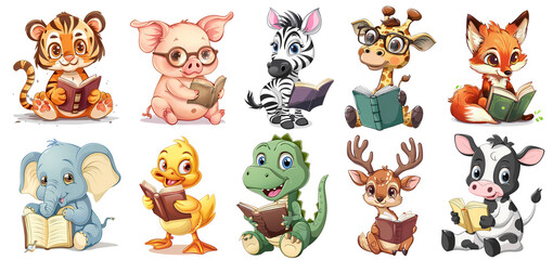 Cute animal with book Illustration Clipart Bundle, png, generated ai