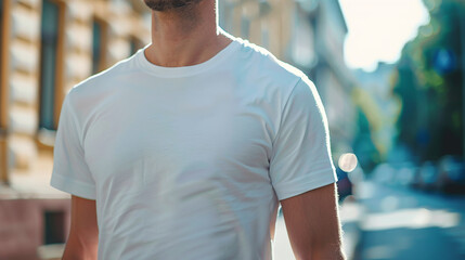 Young man in a white T-shirt on the street