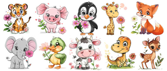 Cute animals with flowers Illustration Clipart Bundle, png, generated ai