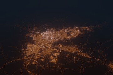 Aerial shot on Chihuahua (Mexico) at night, view from east. Imitation of satellite view on modern city with street lights and glow effect. 3d render - obrazy, fototapety, plakaty