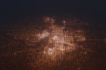 Aerial shot of Oklahoma City (Oklahoma, USA) at night, view from north. Imitation of satellite view on modern city with street lights and glow effect. 3d render - obrazy, fototapety, plakaty