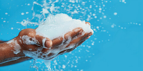 Skin care cleansing cosmetic skincare care of yourself. Copy paste empty place for text. Africa- American hands with white soap foam bubbles on studio background. Soapy liquid texture with bubbles