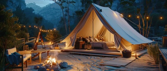 Luxury glamping site under the stars, with cozy, chic tents and a roaring campfire, blending adventure with comfort
