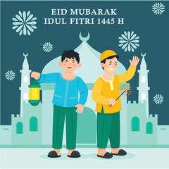 The Children carrying fireworks in their hands and wishing them a happy Eid al-Fitr 1445 H