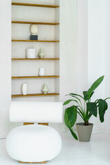 Bright interior with bookshelves, a soft pouf in the foreground and a flowerpot