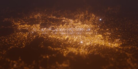 Obraz premium Street lights map of Bandung (Indonesia) with tilt-shift effect, view from north. Imitation of macro shot with blurred background. 3d render, selective focus