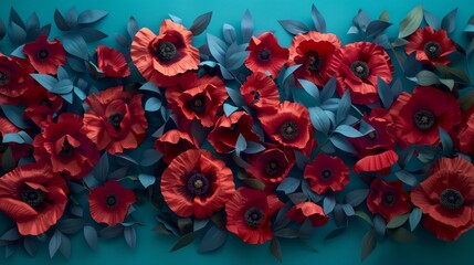 A striking composition of vibrant red poppies with dark centers against a contrasting teal background.