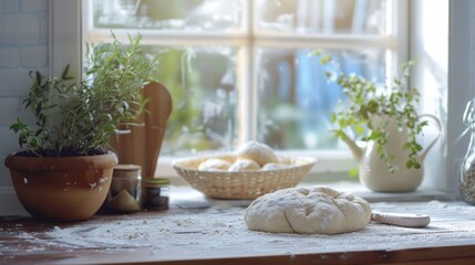 Unbaked bread dough on a flour-dusted counter in a sunlit kitchen with fresh herbs.