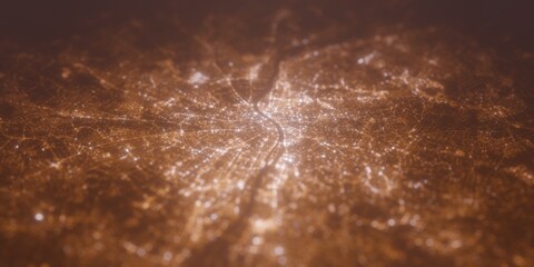 Fototapeta premium Street lights map of Budapest (Hungary) with tilt-shift effect, view from north. Imitation of macro shot with blurred background. 3d render, selective focus