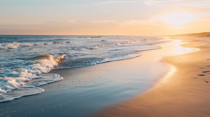 An empty beach at sunrise with soft golden light reflecting off the waves  AI generated illustration