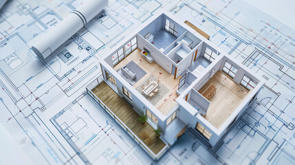 Modern 3d house growing out of detailed blueprint, floor plan  © boti1985