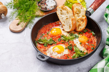 Delicious shakshuka breakfast in a pan