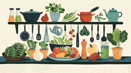 An illustration of a plant-based cooking workshop with seasonal ingredients  AI generated illustration