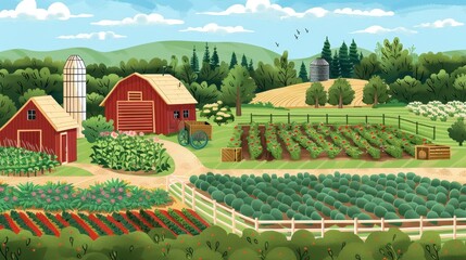 An illustration of a sustainable agriculture farm with crop rotation and composting  AI generated illustration - obrazy, fototapety, plakaty