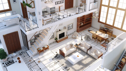 Modern 3d house growing out of detailed blueprint, floor plan 