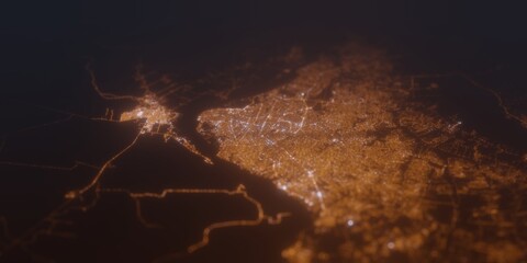 Street lights map of Asuncion (Paraguay) with tilt-shift effect, view from south. Imitation of macro shot with blurred background. 3d render, selective focus