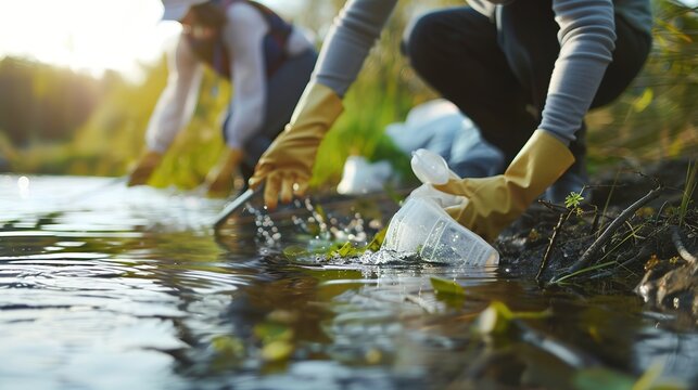 activists cleaning a river
