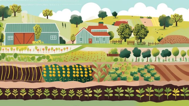 An illustration of a sustainable agriculture farm with crop rotation and composting  AI generated illustration