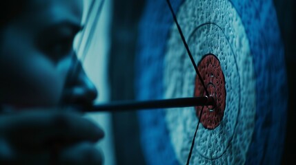 Archery Bullseye Detailed photographs of an archer drawing back their bowstring focusing intently as they release the arrow  AI generated illustration - obrazy, fototapety, plakaty