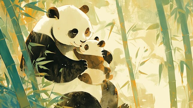 A panda mother and cub share a moment of affection, surrounded by a watercolor bamboo forest, the cub playfully climbing onto her back