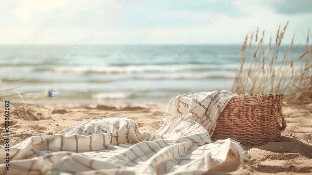 Poster beach picnic a simple arrangement of a picnic blanket and basket on a sandy beach offering a cozy an