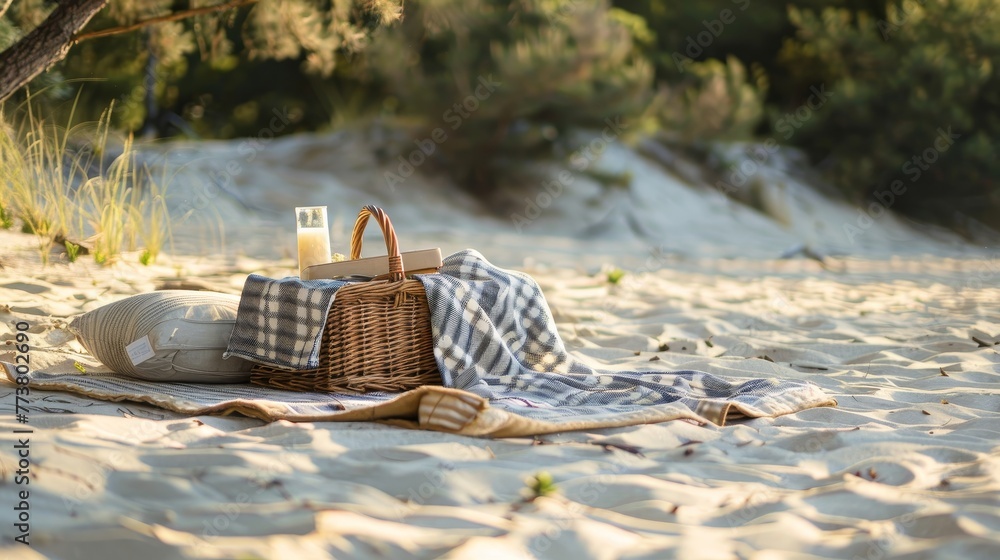 Poster beach picnic a simple arrangement of a picnic blanket and basket on a sandy beach offering a cozy an