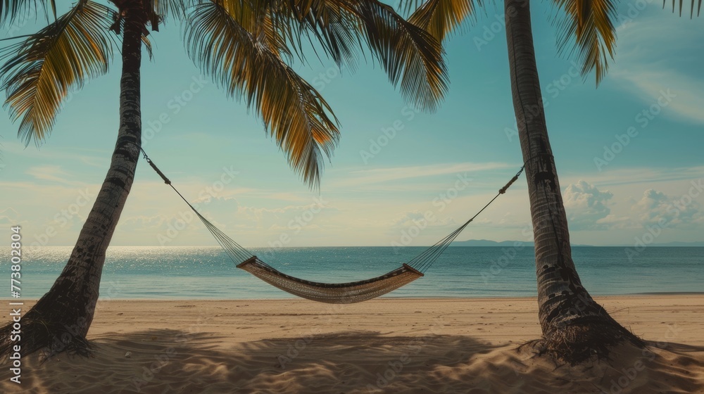 Poster beachside hammock minimalist composition featuring a hammock strung between two palm trees on a sand