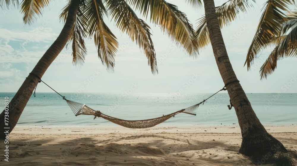 Poster beachside hammock minimalist composition featuring a hammock strung between two palm trees on a sand