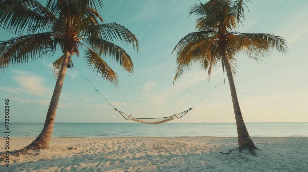 Poster beachside hammock minimalist composition featuring a hammock strung between two palm trees on a sand