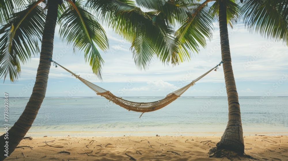 Poster beachside hammock minimalist composition featuring a hammock strung between two palm trees on a sand