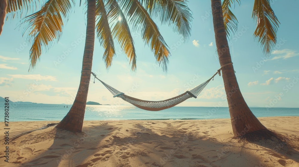 Poster beachside hammock minimalist composition featuring a hammock strung between two palm trees on a sand