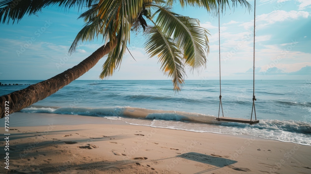 Poster beachside swing a simple swing hanging from a palm tree on a sandy beach providing a tranquil and no