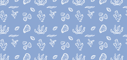 Coral, algae and shell illustrations on a soft blue background. Beach and summer elements. Seamless underwater pattern design for fabric or wallpaper. 