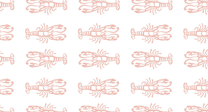Symmetrical lobster pattern on red background. Nautical theme textile design. Design for beach house decor, coastal themed apparel, and marine accessories.
