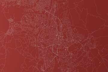 Map of the streets of Windhoek (Namibia) made with white lines on red background. Top view. 3d render, illustration - obrazy, fototapety, plakaty
