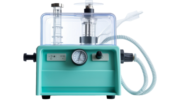 Machine with gauge and hose attached in a futuristic industrial setting