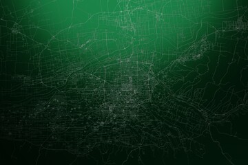 Street map of Xian (China) engraved on green metal background. Light is coming from top. 3d render, illustration