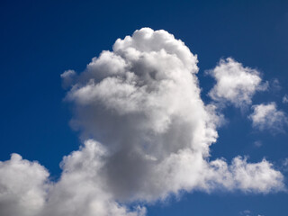 Obraz premium White cumulus clouds in the deep blue summer sky. Fluffy clouds background